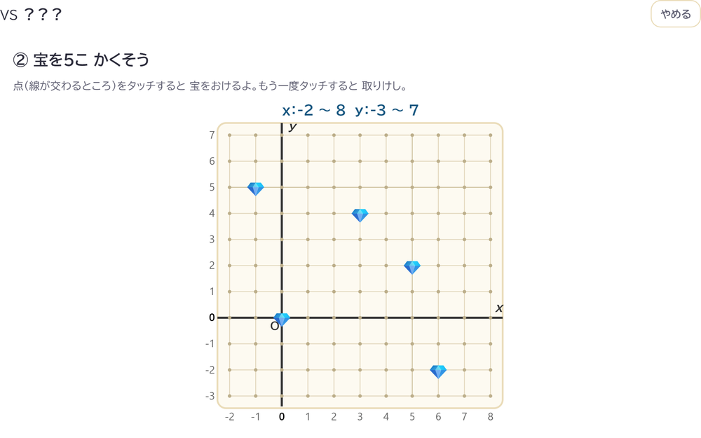自分の陣地の格子点に宝を5つ置いた画面