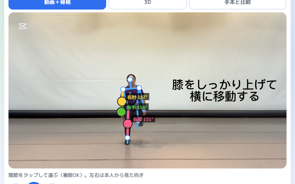 動画の上に骨格が重なり、選んだ関節の角度が出ている結果画面